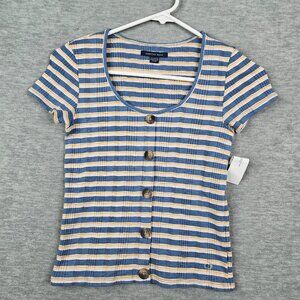 American Eagle Women's XS Button-up Striped Ribbed Short Sleeve Tee NEW